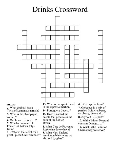 The Crossword Solver found 44 answers to "alcoholic drink (8)", 8 letters crossword clue. The Crossword Solver finds answers to classic crosswords and cryptic crossword puzzles. Enter the length or pattern for better results. Click the answer to find similar crossword clues . Enter a Crossword Clue. 